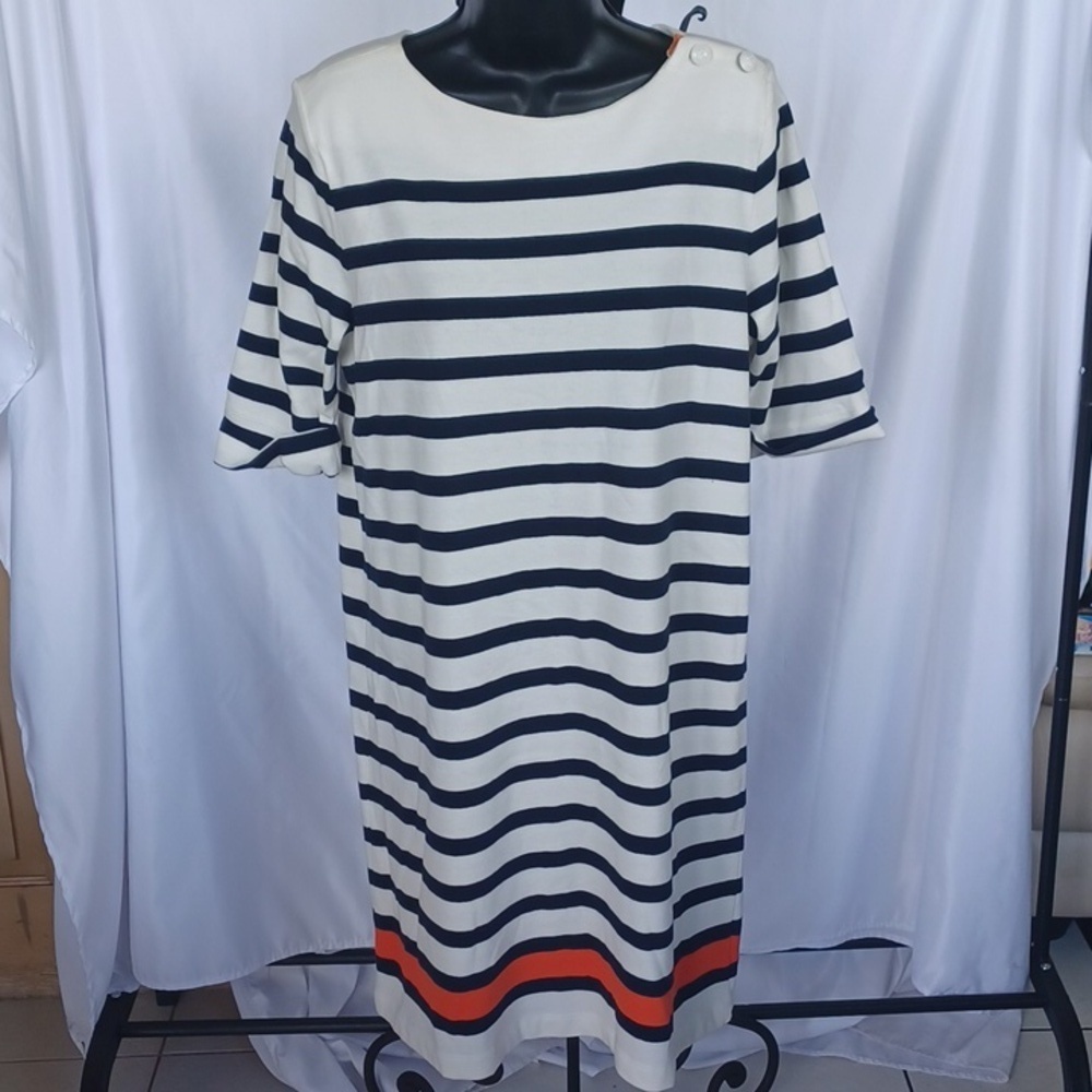 Joe Fresh Navy & Ecru Striped Dress Casual Crew Neck, sz L, NWT